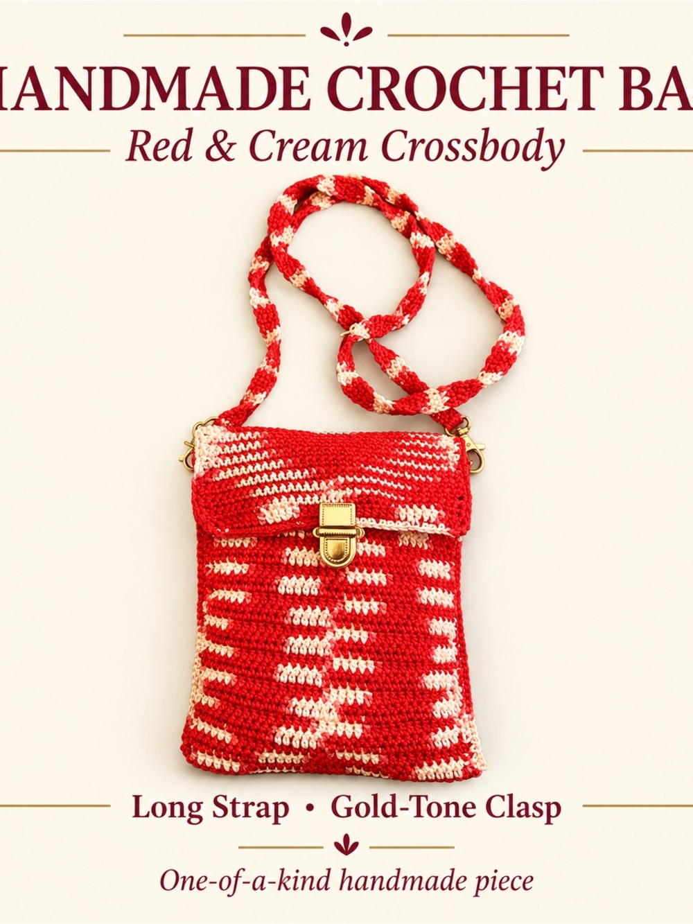 Handmade Red & Cream Crochet Crossbody Bag with Gold-Tone Clasp